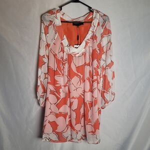 NWT Maggie T Floral Coral/White Flowy Sheer Sleeve Lightweight Top Size 0 Fits L